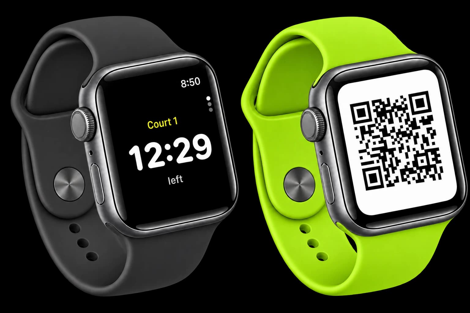 Two Apple Watches showing the court countdown and a check-in QR code