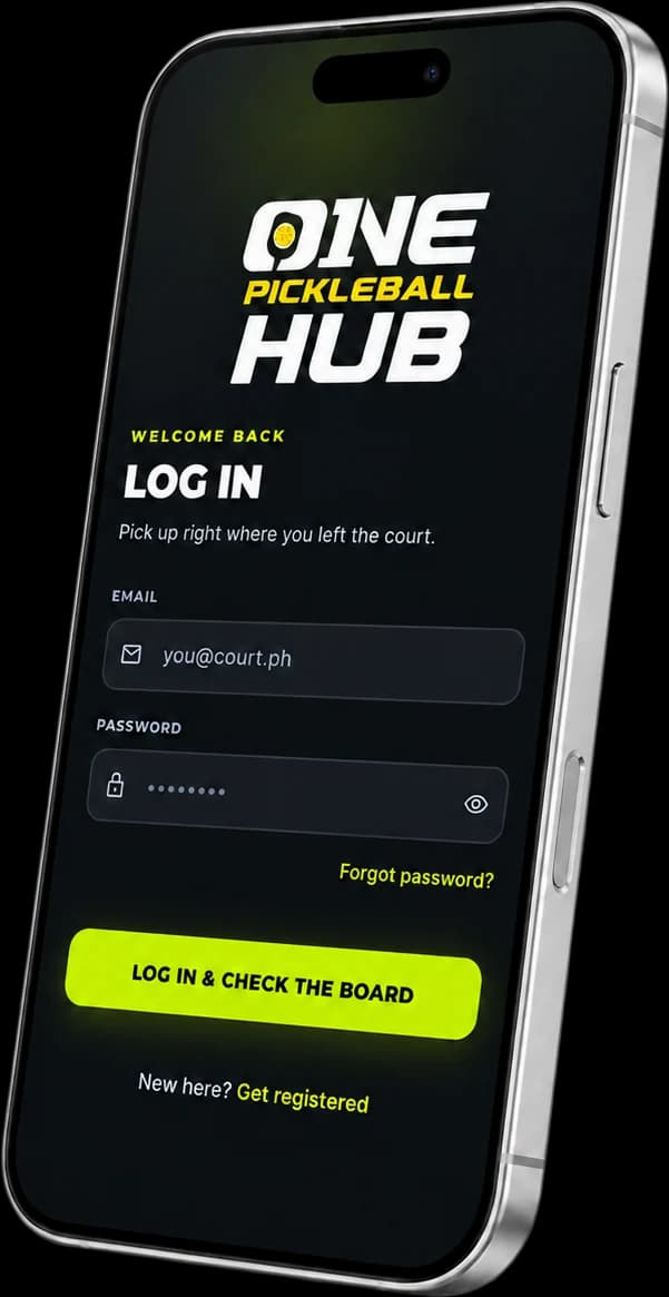 One Pickleball Hub mobile app shown on a phone